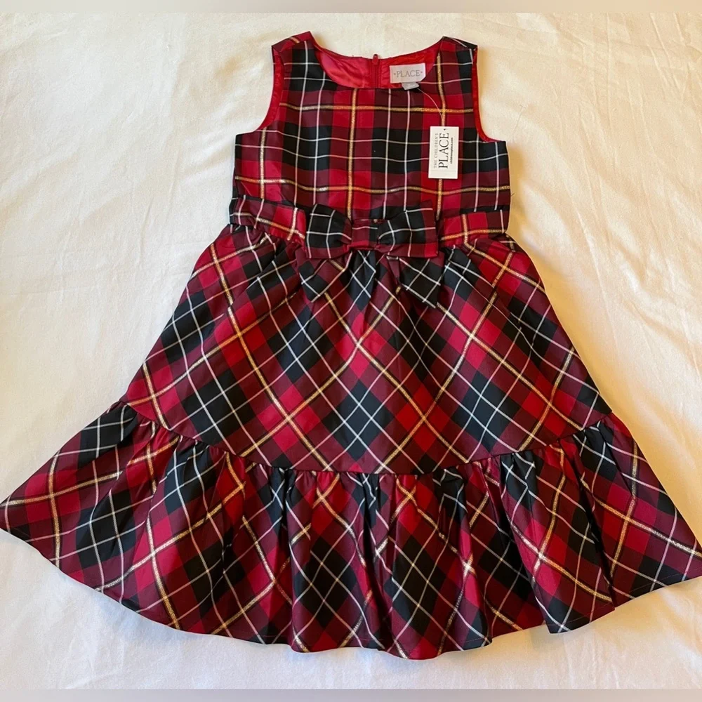 The Children's Place Girls Plaid Satin Tiered Fit & Flare Party Dress Size 6 NWT